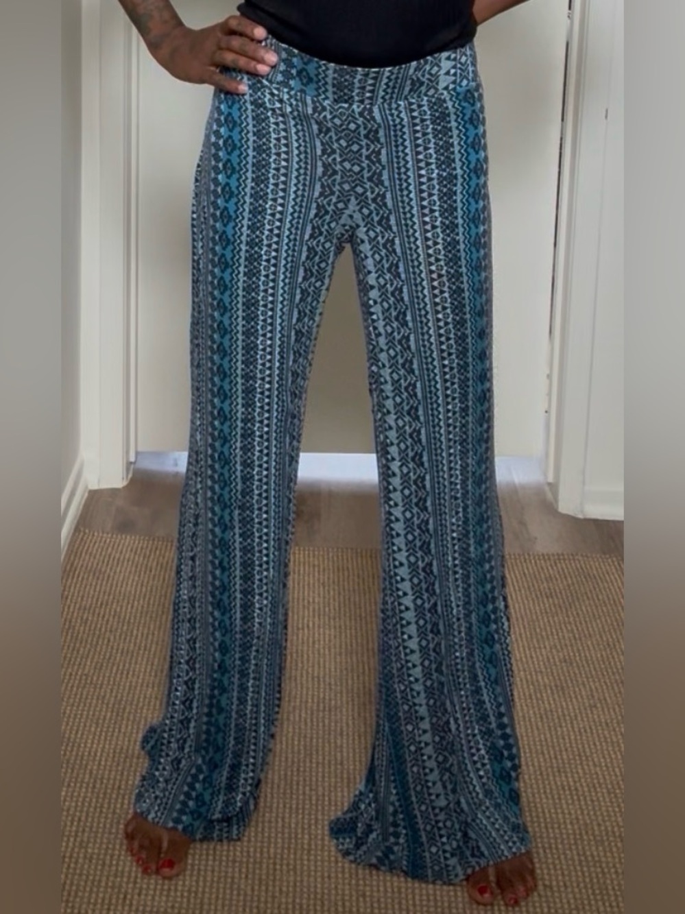 Tribal Print Wide-Leg Pants in Teal and Black